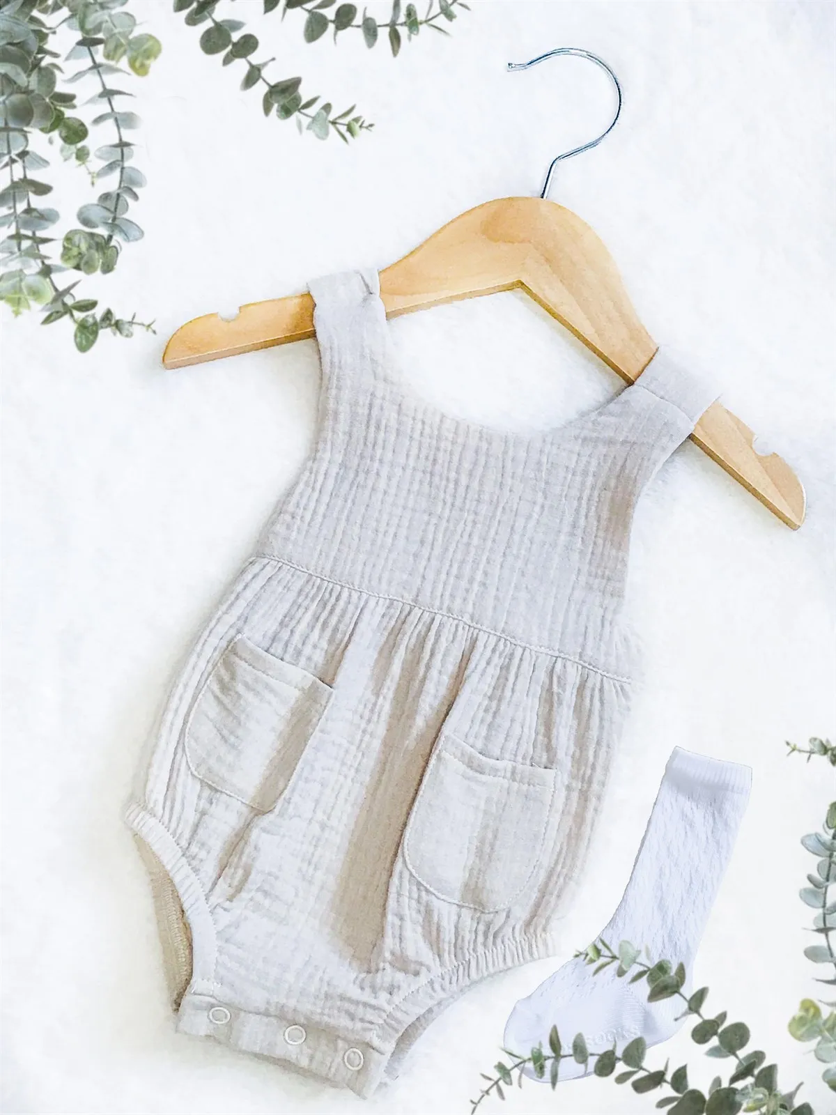 Baby Girls Stone Linen Pocket Romper