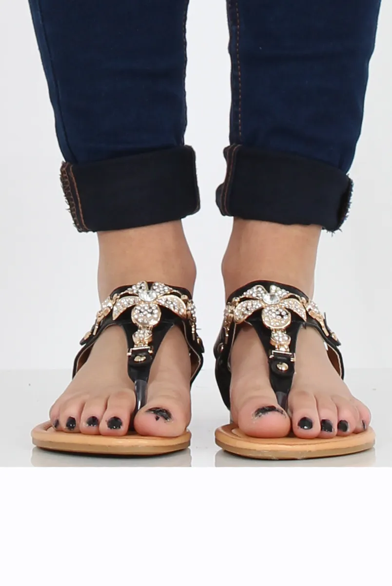 Black Flower Diamante Sandals - Ailish