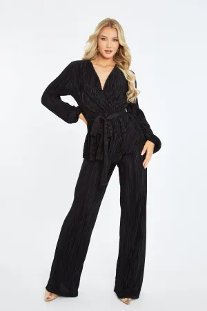 Black Plisse Warp Front Top & Wide Leg Trouser Set - Ocean