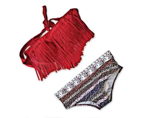 Burgundy Fringe Tassel Bikini Set with Floral Printed Panty