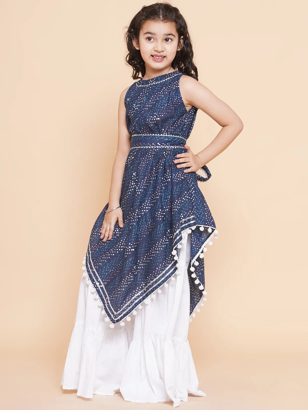 Girls Navy Blue Printed With Lace Handkerchief Style Kurta With Sharara