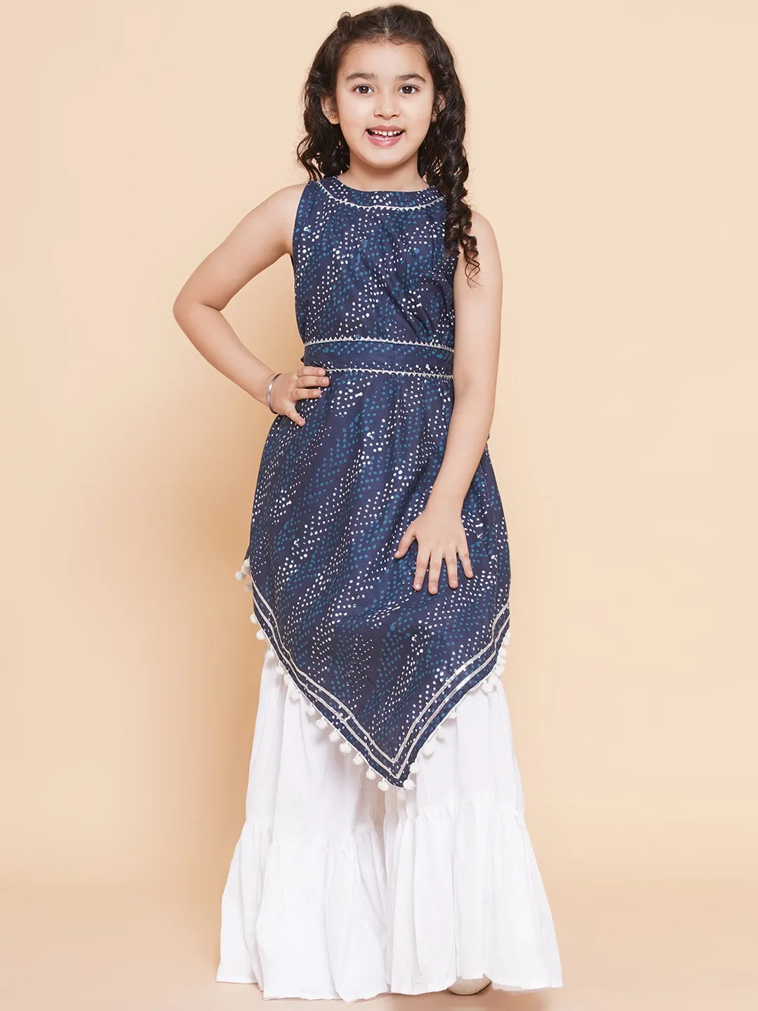 Girls Navy Blue Printed With Lace Handkerchief Style Kurta With Sharara