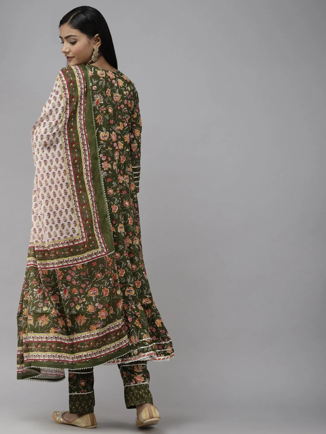 Green Floral Printed Dupatta Set