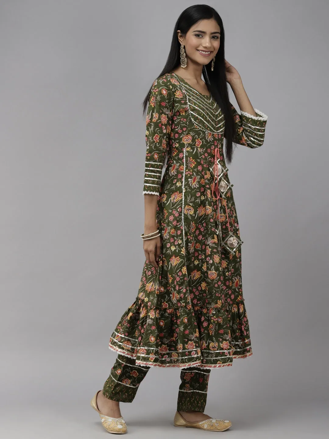 Green Floral Printed Dupatta Set