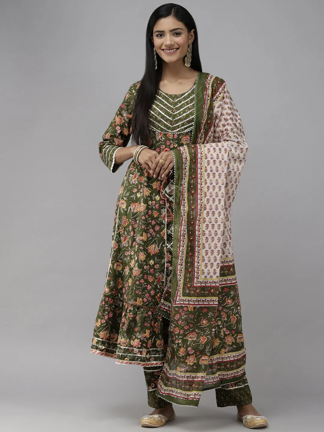 Green Floral Printed Dupatta Set