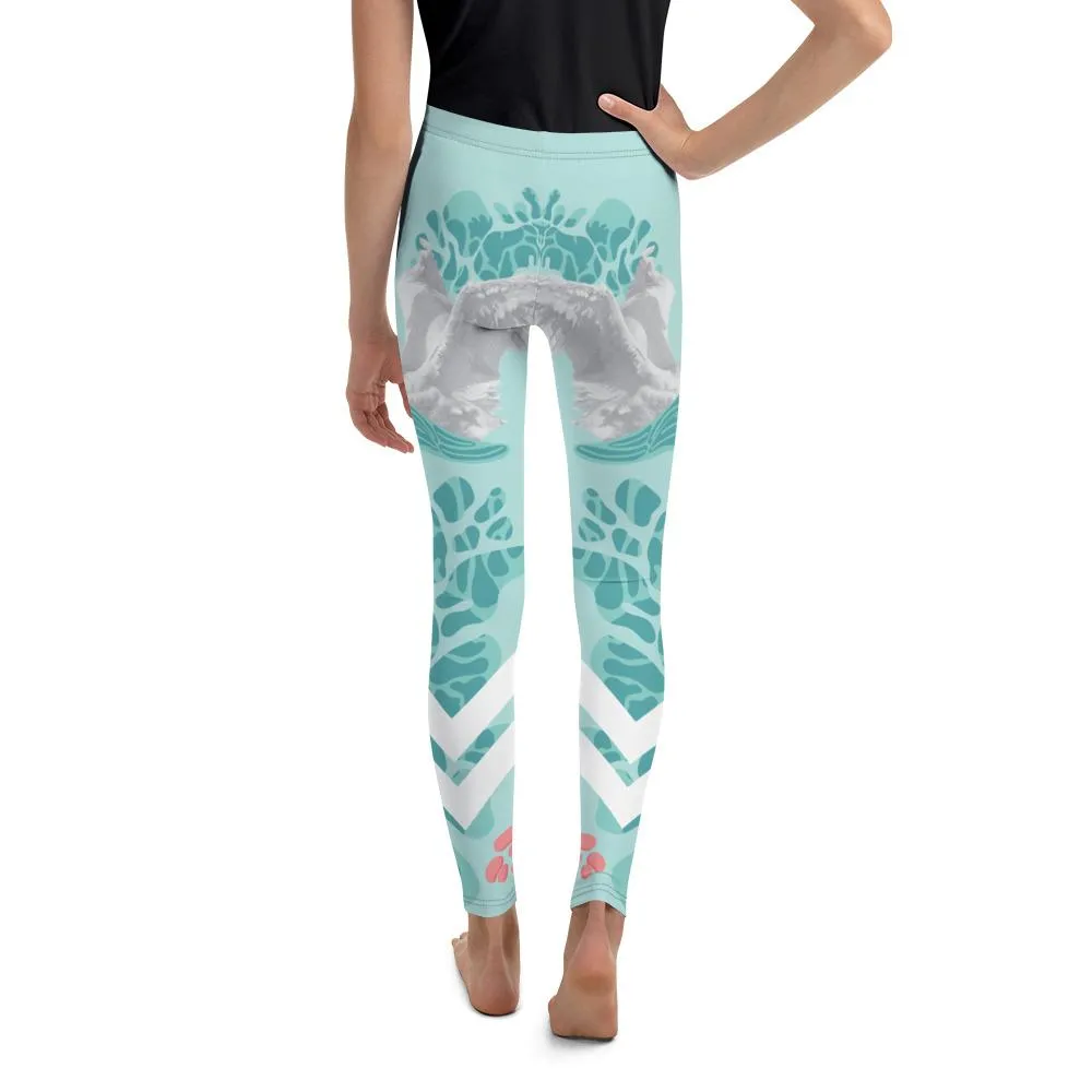 Light Blue Swan Print Premium Youth Leggings Stylish Workout Pants - Made in USA/EU