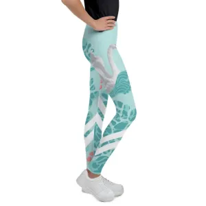 Light Blue Swan Print Premium Youth Leggings Stylish Workout Pants - Made in USA/EU