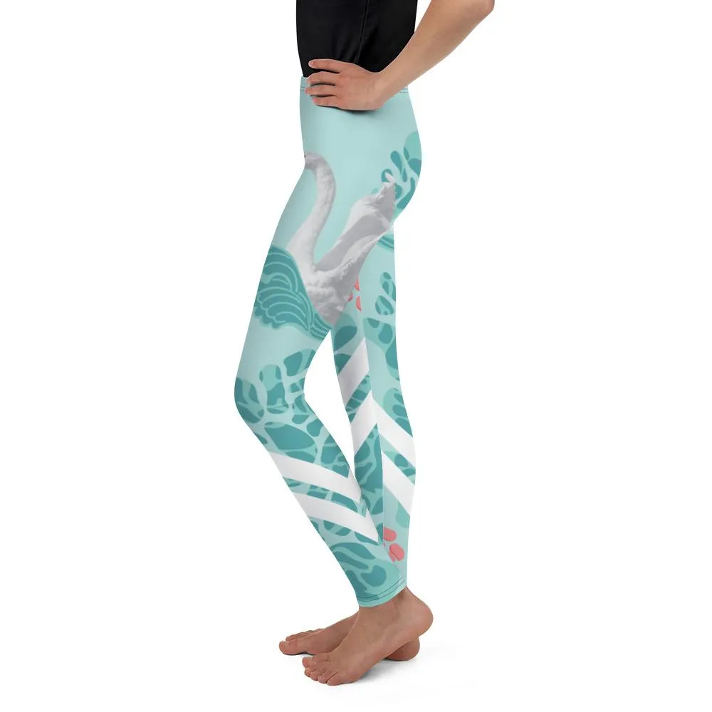 Light Blue Swan Print Premium Youth Leggings Stylish Workout Pants - Made in USA/EU