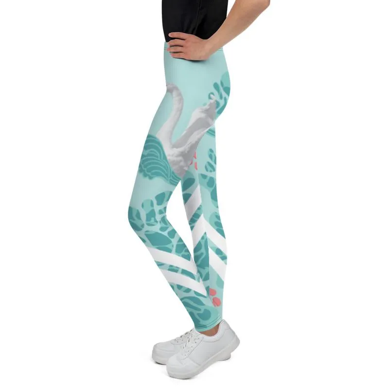 Light Blue Swan Print Premium Youth Leggings Stylish Workout Pants - Made in USA/EU