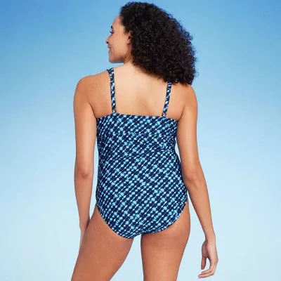 New - Lands' End Women's V-Neck One Piece Swimsuit Tummy Control Swimwear, Blue L