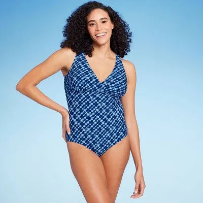 New - Lands' End Women's V-Neck One Piece Swimsuit Tummy Control Swimwear, Blue L