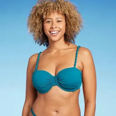 New - Women's Light Lift Shirred Underwire Bikini Top - Shade & Shore Teal Blue 34DD