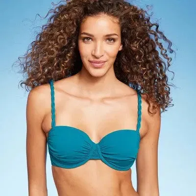 New - Women's Light Lift Shirred Underwire Bikini Top - Shade & Shore Teal Blue 34DD