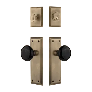 New York Entry Set with Black Porcelain Knob in Antique Brass