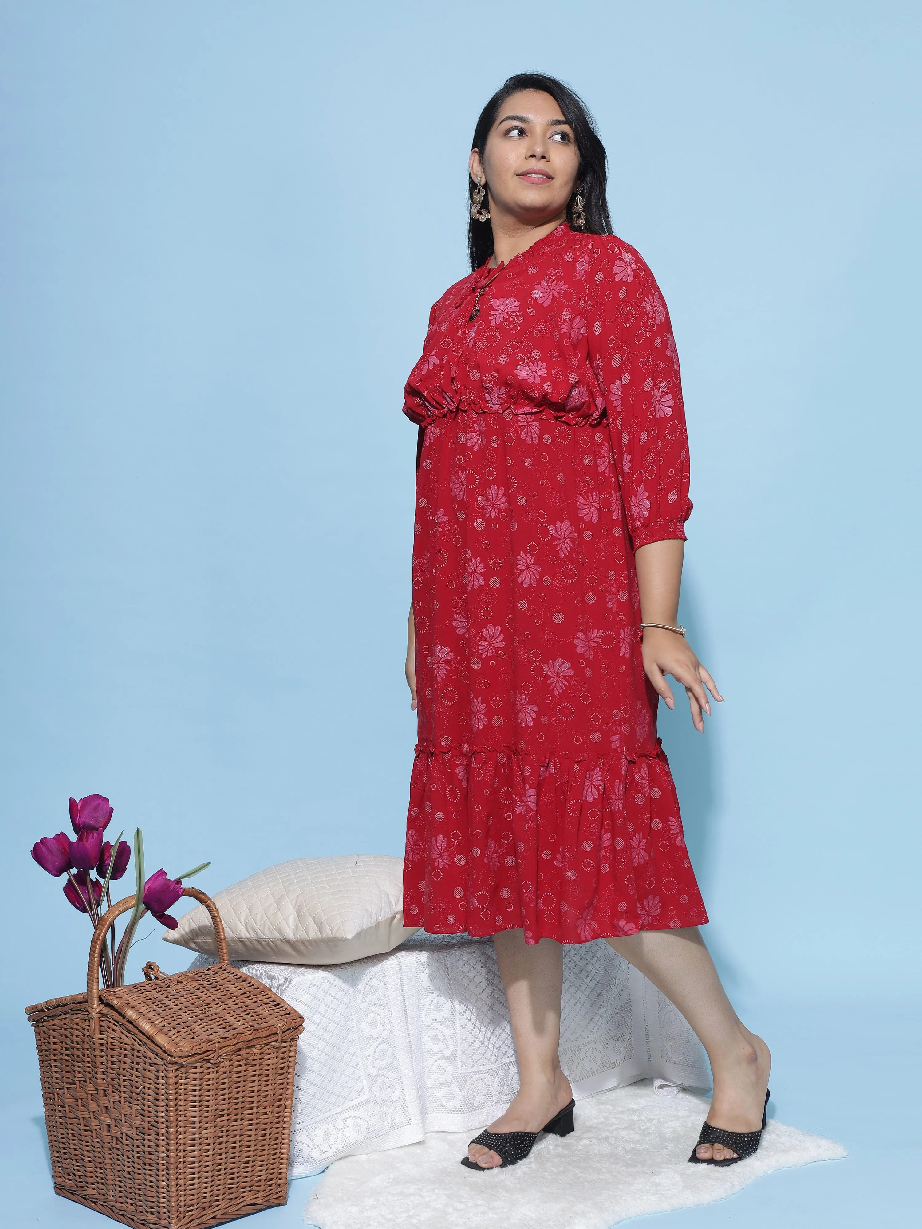 Polyester Floral Printed Dress Red