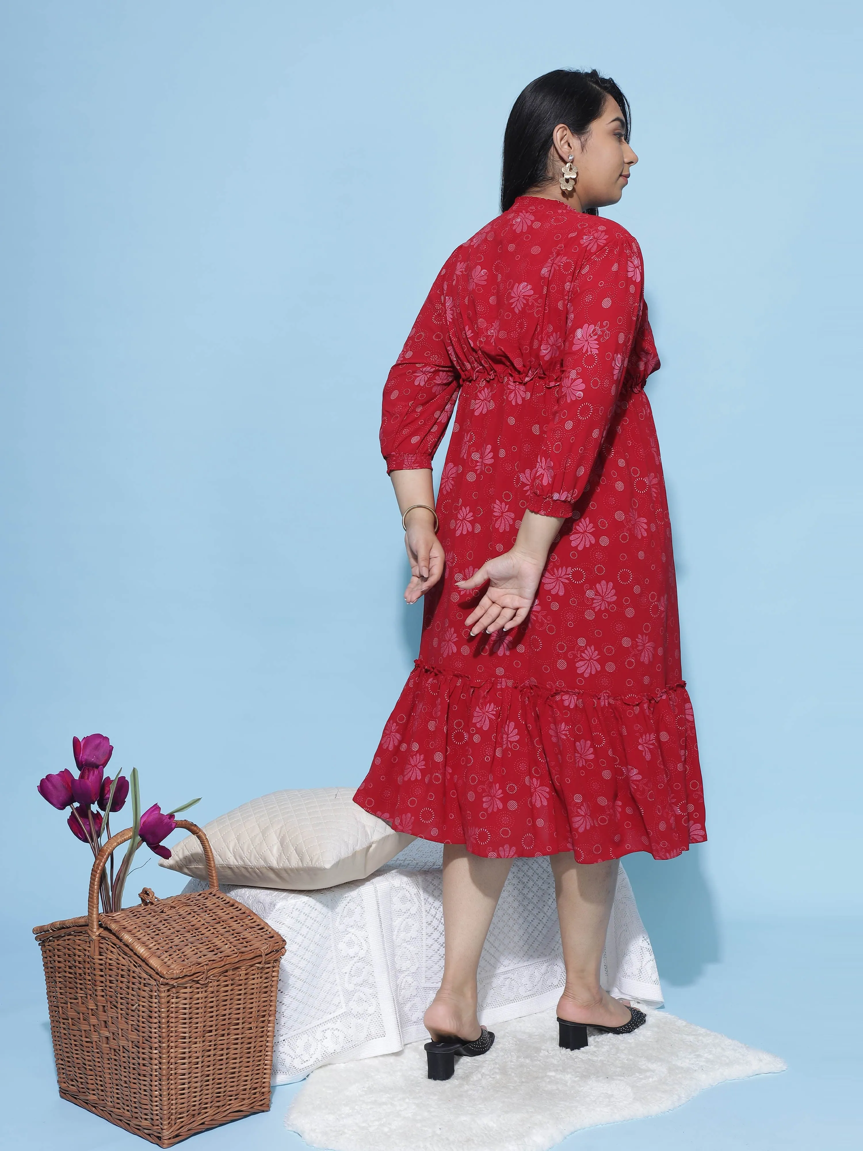 Polyester Floral Printed Dress Red