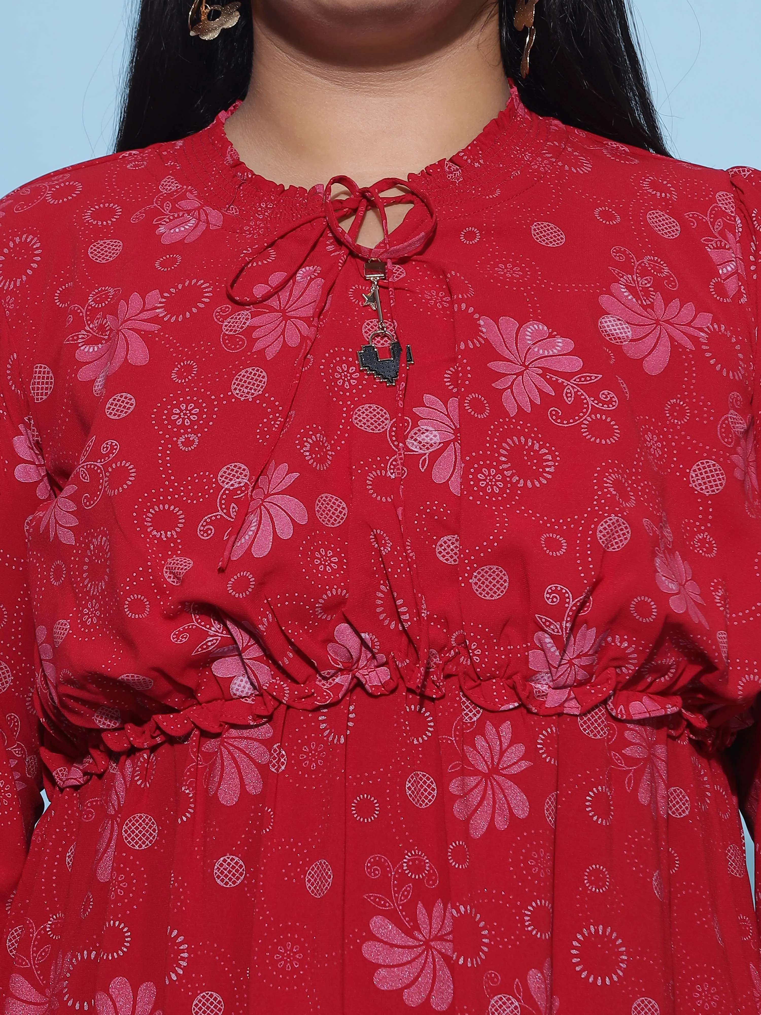 Polyester Floral Printed Dress Red