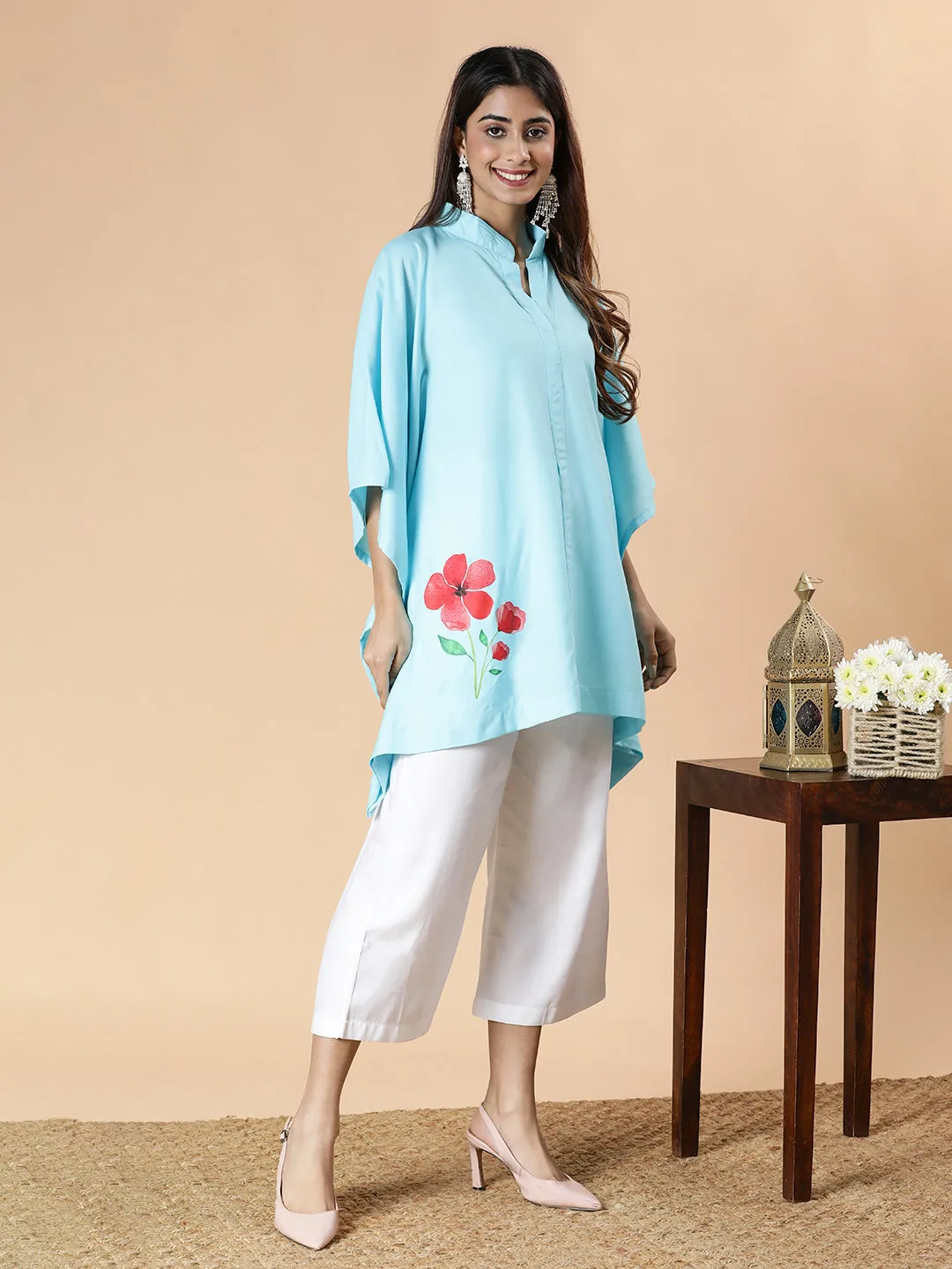 SkyBlue Rayon MandarinKurti - ScarletBloom