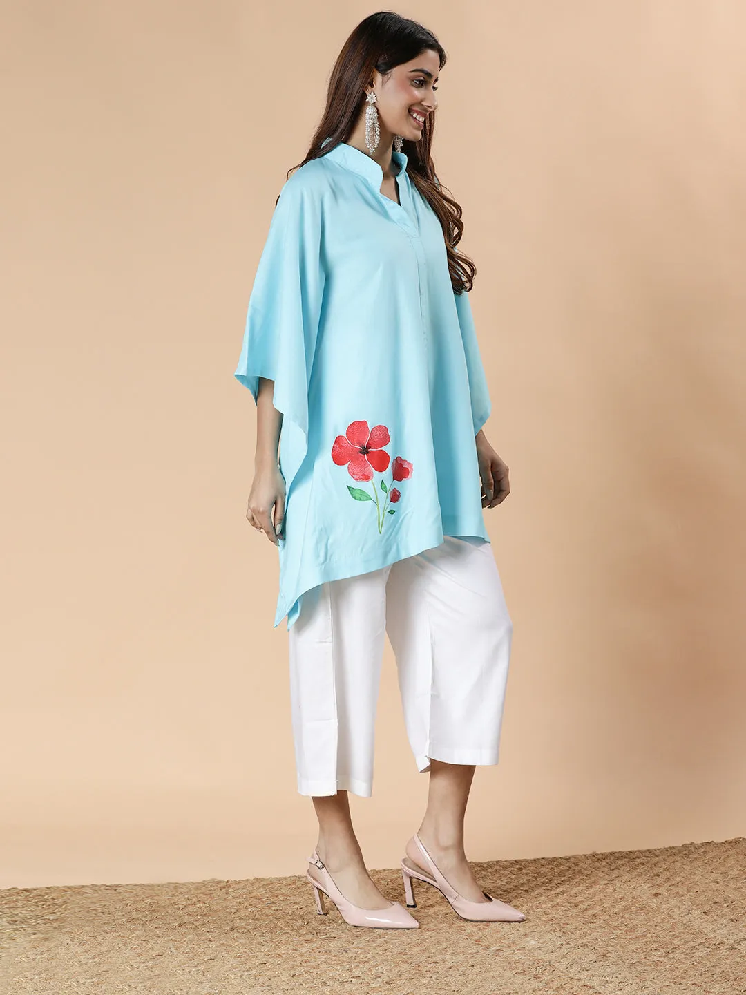 SkyBlue Rayon MandarinKurti - ScarletBloom