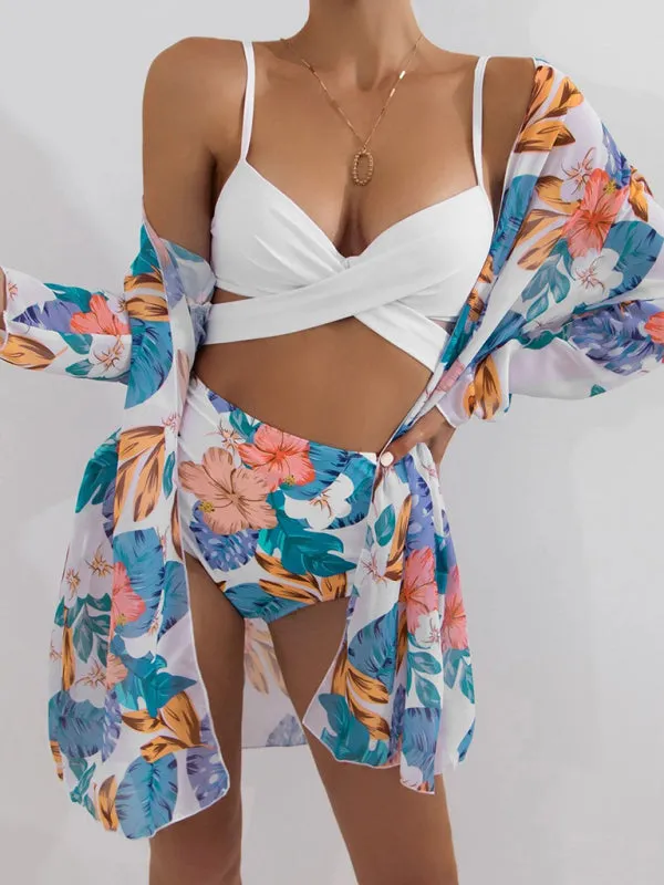 Sling mesh print split high waist three-piece swimsuit set