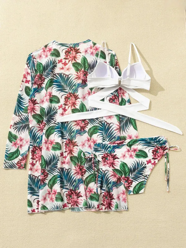 Sling mesh print split high waist three-piece swimsuit set