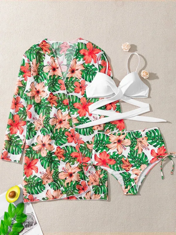 Sling mesh print split high waist three-piece swimsuit set