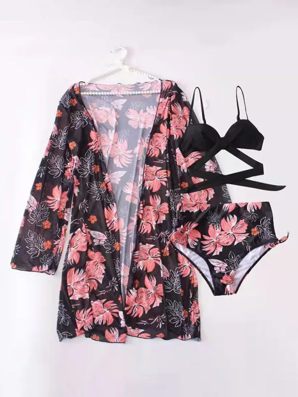 Sling mesh print split high waist three-piece swimsuit set