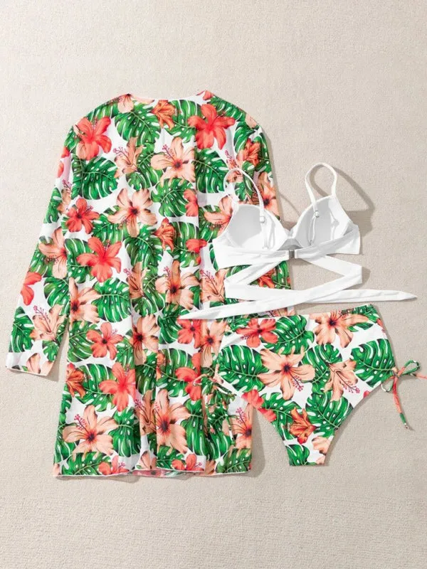 Sling mesh print split high waist three-piece swimsuit set