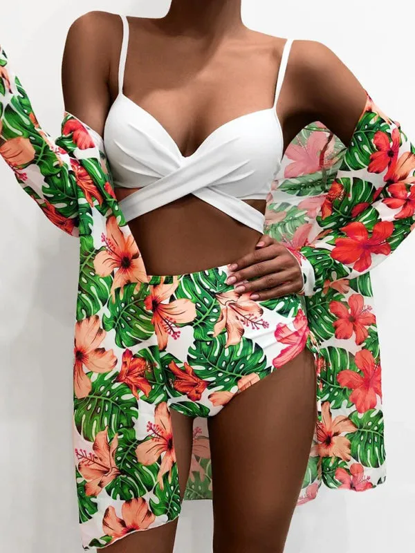 Sling mesh print split high waist three-piece swimsuit set