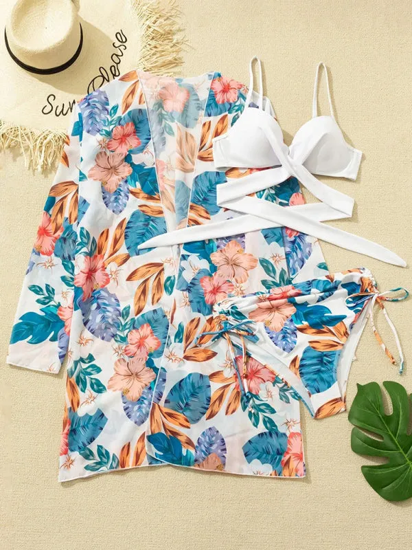 Sling mesh print split high waist three-piece swimsuit set