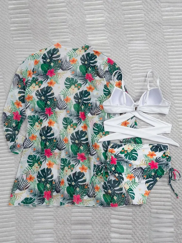 Sling mesh print split high waist three-piece swimsuit set