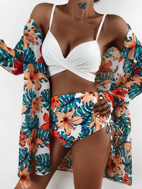 Sling mesh print split high waist three-piece swimsuit set