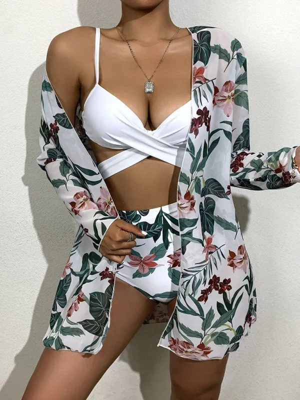 Sling mesh print split high waist three-piece swimsuit set