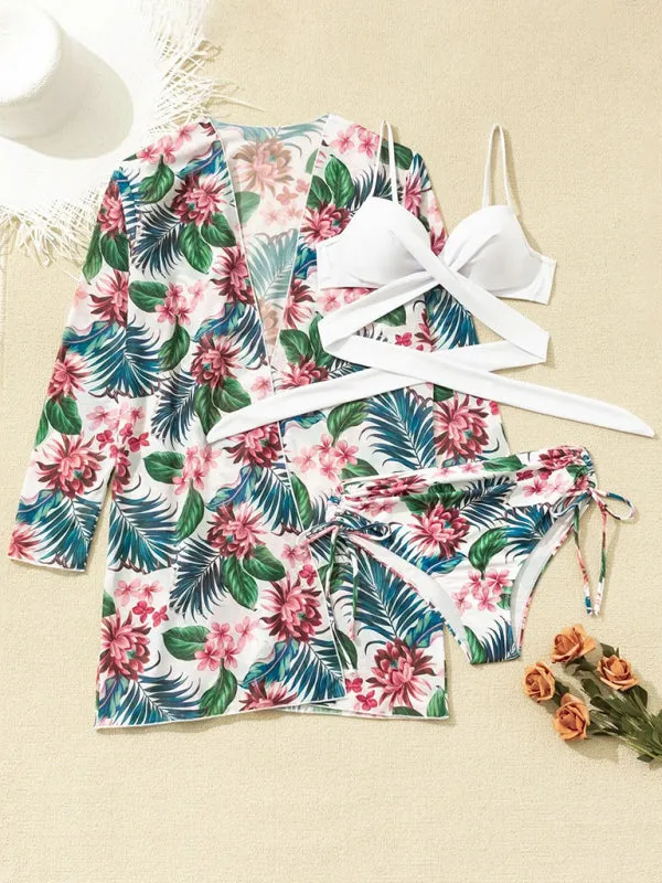 Sling mesh print split high waist three-piece swimsuit set