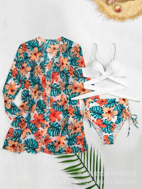 Sling mesh print split high waist three-piece swimsuit set