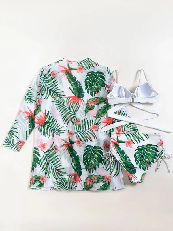 Sling mesh print split high waist three-piece swimsuit set