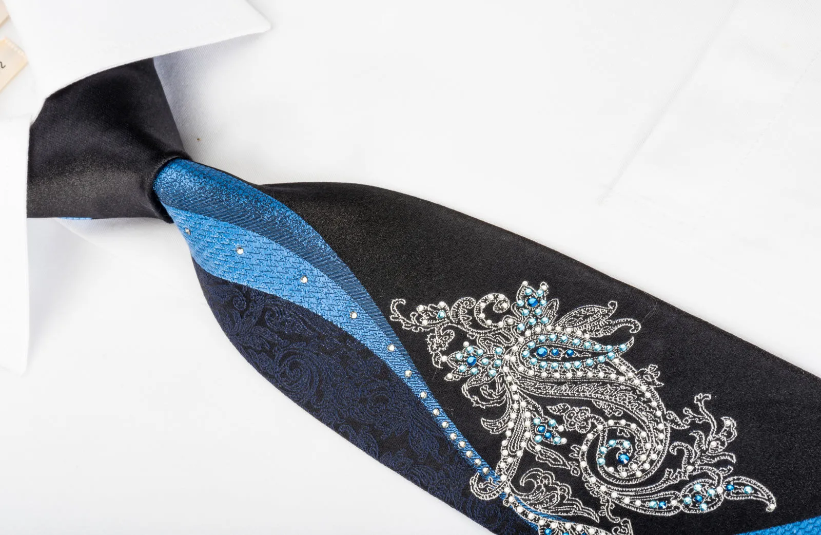 Smalto Men's Silk Necktie Blue Waves & Boteh On Navy With Rhinestones