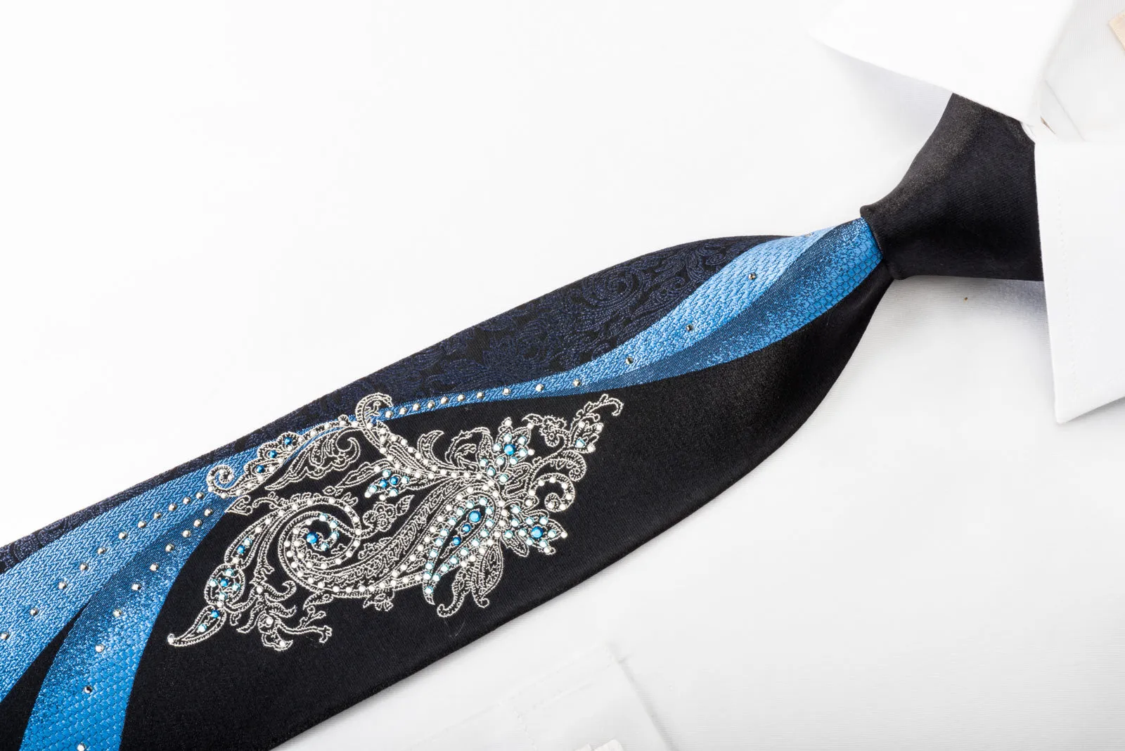 Smalto Men's Silk Necktie Blue Waves & Boteh On Navy With Rhinestones