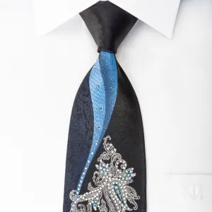 Smalto Men's Silk Necktie Blue Waves & Boteh On Navy With Rhinestones