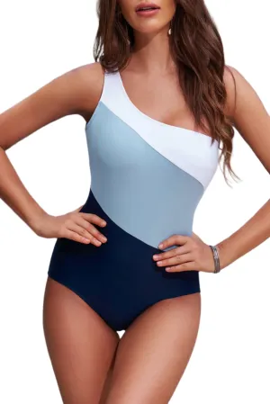 TEEK - Light Blue Cutout Color Block One Shoulder Swimwear