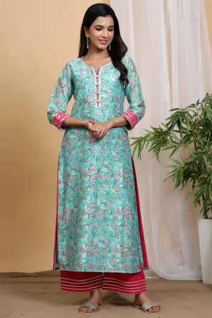 Turquoise hand block printed Chanderi kurta