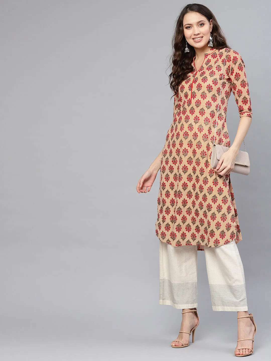 Women Beige & Red Printed Straight Kurta