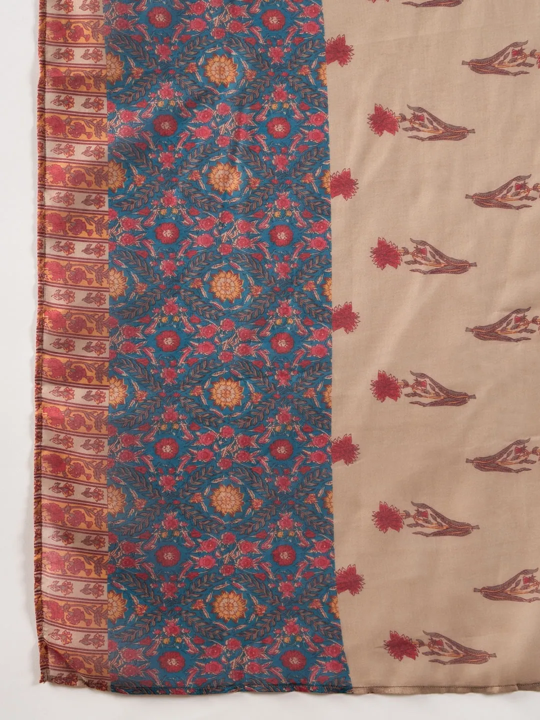 Women Blue Poly Rayon Floral Printed Straight Kurta Trouser With Dupatta