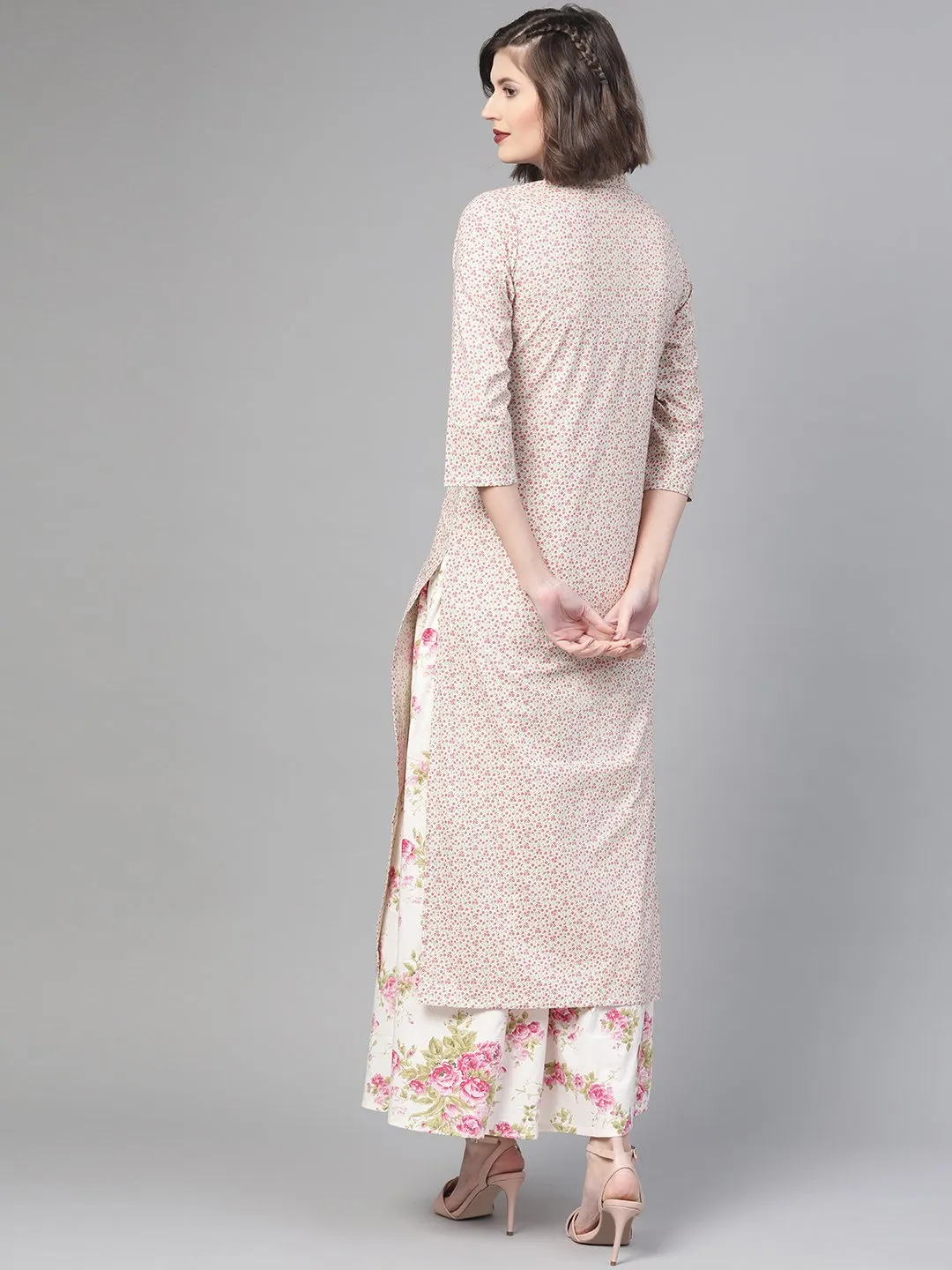 Women Off White & Pink Straight Floral Printed Kurta And Skirt Set