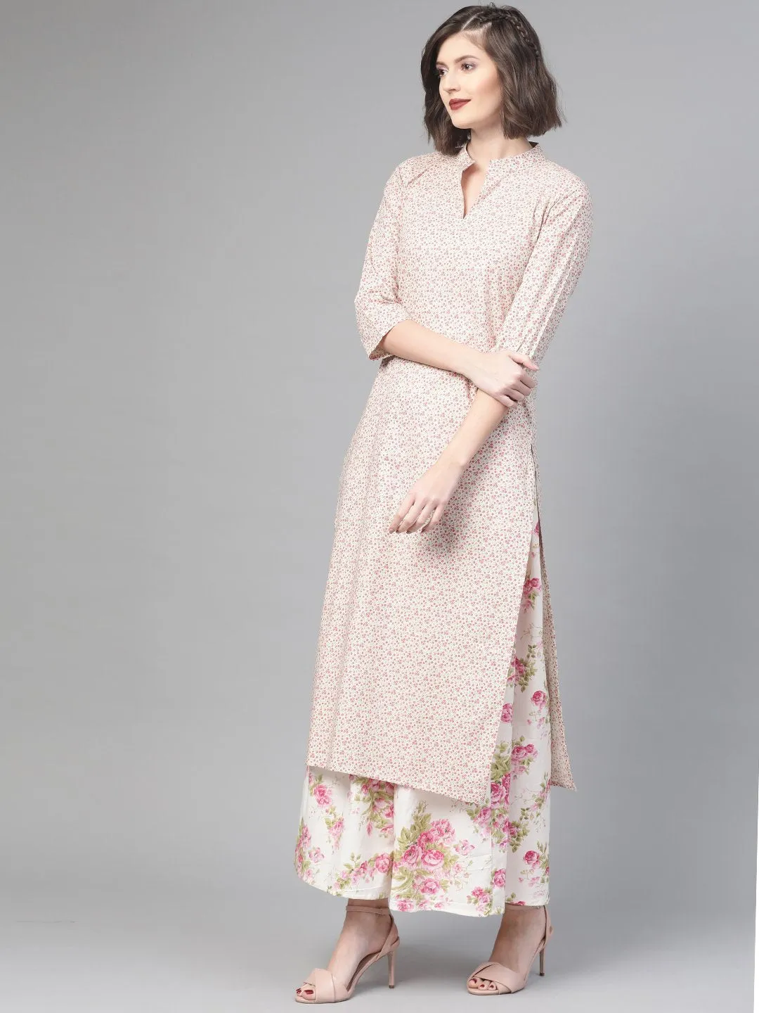 Women Off White & Pink Straight Floral Printed Kurta And Skirt Set