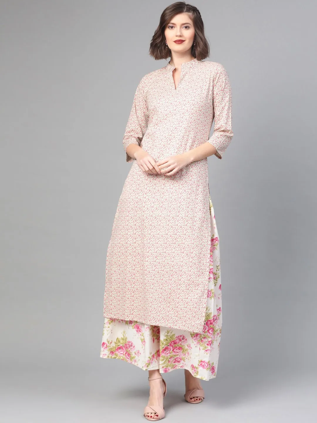 Women Off White & Pink Straight Floral Printed Kurta And Skirt Set