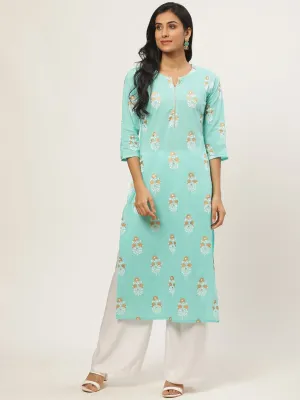 Women Skyblue Calf Length Three-Quarter Sleeves Straight Floral Printed Cotton Kurta